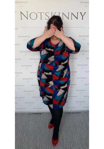 finomkötött, kockás, geometria, színes, nagy méretű, női ruha, zsebek nélkül, piros, kék, xxl, plussize
