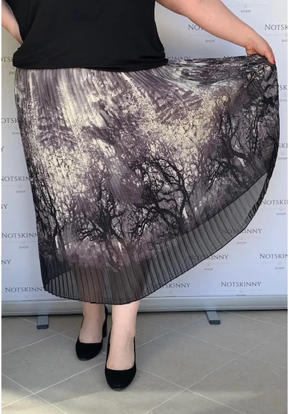 rakott női szoknya molett plus size pliszírozott fás, erdő mintával